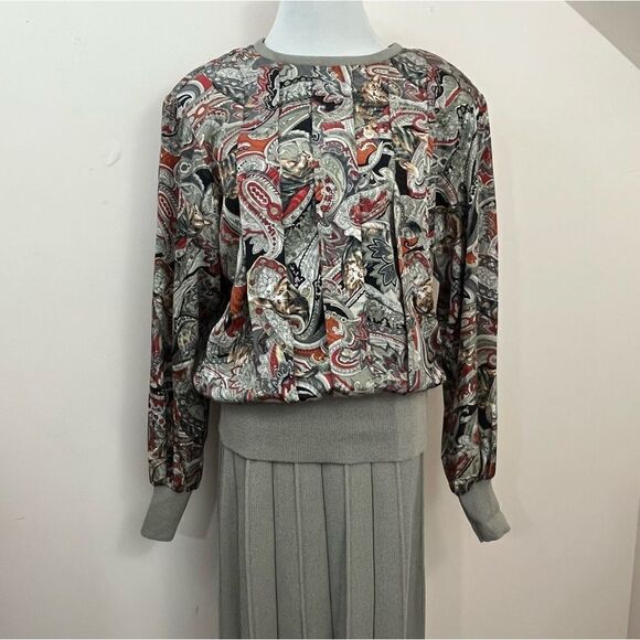 Vintage 80’s Castleberry Paisley Cat Print Knit Skirt Set Tan 10 - Picture 1 of 11